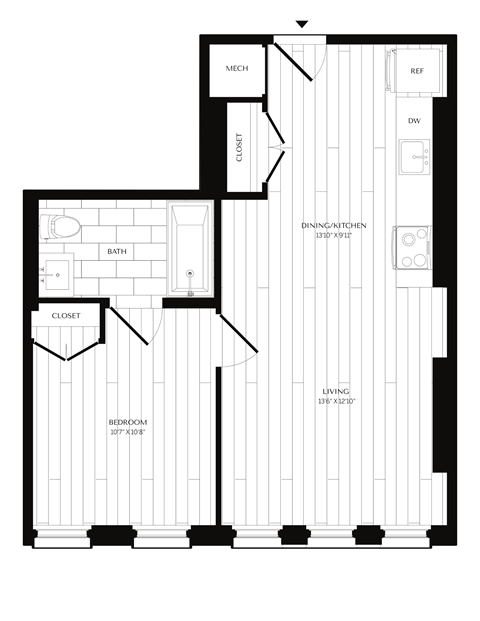 Floor plan for 1 bed, 1 bath, 621 sqft